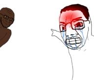 2soyjaks angry arm black_skin bloodshot_eyes blush chud clenched_teeth closed_mouth crying deformed distorted glasses hand pointing smile smirk smug soyjak stubble variant:chudjak variant:soyak variant:two_pointing_soyjaks // 1062x900 // 221.5KB