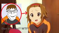 akiyama_mio anime anime_female badge brown_hair clothes dan glasses hair k_on open_mouth red_circle smile smug soybooru soyjak stubble tainaka_ritsu text variant:feraljak // 1920x1080 // 828.3KB