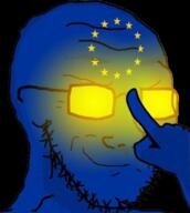 blue blue_skin closed_mouth europe european_union flag flag:european_union glasses glowing glowing_glasses hand politics smile smirk smug soyjak star_(symbol) stubble variant:soyak yellow // 597x665 // 325.5KB