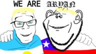2soyjaks argentina aryan blond blue_eyes chile closed_mouth ear flag flag:argentina flag:chile font friendship glasses hand happy smile south_america soyjak stubble text variant:feraljak variant:impish_soyak_ears wink // 1920x1080 // 306.8KB
