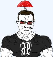 angry black_shirt brown_hair buff closed_mouth clothes ear firma glasses hair jp muscles mushroom pojary queen_of_spades smug soyjak spade subvariant:chudjak_front subvariant:muscular_chud tinted_glasses variant:chudjak vein vex // 1059x1140 // 182.7KB