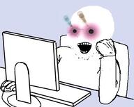 arm chair computer full_body glowing glowing_eyes hand inverted open_mouth room screen soyjak stubble subvariant:soyak_(crazed) thougher variant:soyak white_skin // 452x363 // 86.6KB