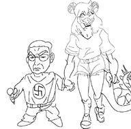 closed_mouth clothes dinosaur female frown full_body furry glasses hair holding_hand ice_cream manlet nazism sllsfhm smile snoot_game stegosaurus swastika tail variant:chudjak // 841x827 // 172.6KB