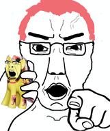 2soyjaks angry animal glasses hair hand my_little_pony open_mouth pink_hair pointing pointing_at_viewer pony soyjak stubble subvariant:chuddy variant:chudjak variant:cobson vein yellow_skin // 490x586 // 130.7KB