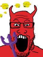 angry blowfish demon fish glasses horn multiple_soyjaks open_mouth red_skin soyjak stubble trident variant:feraljak variant:markiplier_soyjak // 600x795 // 50.1KB