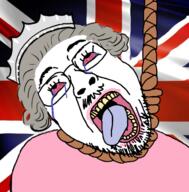 bloodshot_eyes clothes crying dead elizabeth_ii female flag grey_hair lipstick open_mouth queen rope soyjak suicide tiara tongue united_kingdom variant:bernd yellow_teeth // 646x656 // 306.8KB