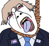 bloodshot_eyes boris_johnson brown_hair clothes crying flag hanging israel lgbt necktie nhs open_mouth progress_pride_flag rope soyjak star star_of_david suicide suit tongue united_kingdom variant:bernd // 768x719 // 24.5KB