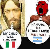 argentina black_sclera demon flag:argentina flag:italy glasses horn italy jesus no_pupils open_mouth pentagram red_skin satan soyjak stubble text variant:gapejak // 680x674 // 235.3KB