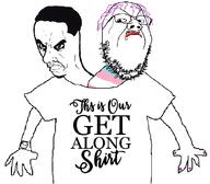 2soyjaks angry arm closed_mouth clothes flag frown get_along_shirt glasses hair hand mustache painted_nails purple_hair soyjak stubble subvariant:chudjak_seething text tranny tshirt variant:chudjak variant:gapejak watch // 1180x1032 // 201.8KB