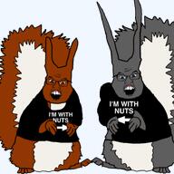 2soyjaks arrow blue_eyes grey_squirrel im_with_stupid nigga_thats_nuts red_eyes red_squirrel shirt_with_words squirreljak text transparent_background trend:squirreljakking variant:feraljak // 750x750 // 234.5KB