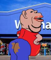 amerimutt arm ass belly brown_skin clothes ear fat hand irl_background jeans leg lips looking_at_you mcdonalds mutt open_mouth poop red_shirt shart_in_mart side_profile soyjak stubble subvariant:impish_amerimutt variant:impish_soyak_ears walmart // 673x789 // 512.0KB