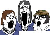 3soyjaks anime asakusa_midori brown_hair clothes eizouken_ni_wa_te_wo_dasu_na glasses hair hat kanamori_sayaka mizusaki_tsubame open_mouth soyjak stubble trend:soyjak_trio variant:gapejak variant:markiplier_soyjak variant:tony_soprano_soyjak // 1200x848 // 305.8KB