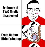 2soyjaks ^_^ bloodshot_eyes blush closed_eyes closed_mouth clothes crying ear hair hanging hunter_biden nazism open_mouth rope smile soyjak subvariant:patrick suicide swastika text tongue variant:chudjak yellow_teeth // 966x1014 // 195.1KB