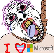 bloodshot_eyes clothes crying deformed flag glasses hanging i_love microsoft mustache open_mouth purple_hair rope soyjak stubble suicide text tongue tranny variant:bernd yellow_teeth // 725x711 // 506.2KB