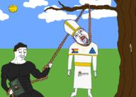3soyjaks arm bloodshot_eyes boylover_symbol buff catholic closed_mouth clothes crying drawn_background ear flag:lgbt_pride_flag full_body glasses grass hand hanging holding_object holding_rope irl leg lynching martin_luther noose on_jews_and_their_lies open_mouth outdoors pope rope smile smug soyjak stubble subvariant:wholesome_soyjak sun template tongue tree variant:bernd variant:chudjak variant:gapejak yellow yellow_skin yellow_teeth // 2048x1462 // 782.9KB