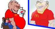 2soyjaks amerimutt arm belly blond blue_eyes brown_skin buff clothes cup delusion drinking drinking_straw ear fat flag:united_states french_fries full_body gun half_open_mouth hand holding_object jeans lips looking_at_you mcdonalds mirror mutt pepsi pocket poop red_shirt revolver self_insert side_profile soyjak spilled stubble subvariant:impish_ameriaryan subvariant:impish_amerimutt swolesome text trend:aryan variant:impish_soyak_ears weapon yellow_mustache yellow_stubble // 1422x758 // 230.8KB