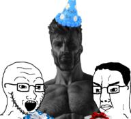 2soyjaks birthday birthday_hat clothes gift gigachad glasses hair hat nas:gigachad open_mouth soyjak stubble variant:chudjak variant:soyak // 1596x1444 // 625.3KB