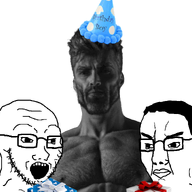 2soyjaks birthday birthday_hat clothes gift gigachad glasses hair hat nas:gigachad open_mouth soyjak stubble variant:chudjak variant:soyak // 1596x1444 // 625.3KB