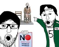 3soyjaks arm badge boycott flag:japan glasses hand holding_object japan korea meta:tagme open_mouth pointing sign south_korea soyjak squid_game statue stubble variant:gapejak variant:markiplier_soyjak variant:two_pointing_soyjaks // 1135x900 // 552.6KB