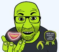 artist:bucephalus_(kiwi_farms) award clothes deviant glasses green_skin hand holding_object kiwifarms looking_at_you negrate open_mouth perro_hold series:kiwiperros soyjak sticker stubble subvariant text transparent_background true_and_honest_fan_award tshirt variant:el_perro_rabioso // 820x720 // 62.5KB