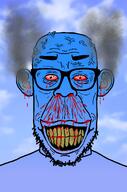 angry bad_teeth beard blood blood_drip blood_from_ears blood_from_eyes blood_from_mouth blood_on_face blood_splatter blood_spray bloodshot_eyes blue blue_skin calm cloud ear eyebrows full_head fume glasses gradient grin lips looking_at_you open_mouth rage rotten_teeth seething smoke stubble subvariant:redrawn_chudplier subvariant:redrawn_plier teeth teeth_showing variant:chudjak variant:markiplier_soyjak vein wrinkles yellow_teeth // 900x1364 // 604.3KB