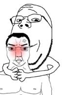 2soyjaks alternate arm blush buff closed_mouth glasses hair hand holding_object nipple smile soyjak stubble subvariant:chuddy subvariant:wholesome_soyjak variant:chudjak variant:gapejak // 676x1021 // 2.6MB