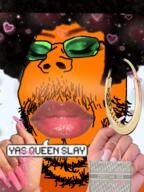 christian_dior female froot froot_(user) glasses irl lips lipstick nails orange orange_(fruit) orange_skin speech_bubble stubble subvariant:wholesome_soyjak text variant:gapejak // 1080x1440 // 1.5MB