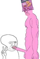 arm blowjob buff chips closed_mouth food gay glasses hand naked nsfw peace_sign penis popcorners soyjak stubble variant:unknown // 1127x1677 // 326.7KB