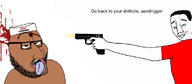 2soyjaks arab arm blood blue_eyes brown_skin clothes glasses gun hair hand hat holding_gun holding_object holding_pistol islam murder open_mouth pistol shooter smile soyjak stubble text tongue tshirt variant:chudjak variant:smugjak yellow_teeth // 1166x513 // 76.7KB