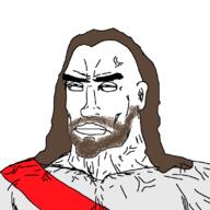 beard buff christianity closed_mouth clothes ear hair jesus jesus_christ long_hair muscles muscular_male robe soyjak stubble subvariant:perceptive_chud variant:chudjak // 799x799 // 34.8KB