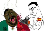 2soyjaks angry arm blood bloodshot_eyes brown_skin buff chainsaw closed_mouth crying decapitation fat flag flag:mexico flag:spain glasses hair hand holding_chainsaw holding_object mexico murder mustache open_mouth side_profile soyjak spain stubble subvariant:chainsaw_bernd variant:bernd variant:chudjak yellow_teeth // 1238x872 // 407.3KB