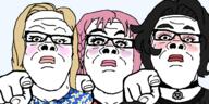 3soyjaks blush choker closed_mouth clothes daddy's_girl doomer female femjak glasses looking_at_you makeup pink_hair pointing pointing_at_viewer soyjak star subvariant:female_a24_slowburn subvariant:trad_wife variant:a24_slowburn_soyjak yellow_hair // 1000x500 // 100.1KB