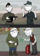 beard camera closed_mouth clothes crying cyrillic_text euro eyebags glasses hat holding_object looking_at_each_other luggage money monochrome nazi_germany old sad smile soviet_union tear uniform variant:cobson variant:gapejak weapon wrinkles // 1125x1565 // 3.0MB