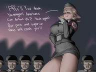 5soyjaks a10_eyes blue_eyes closed_mouth clothes eyes_like_the_o-o-cean female glasses helmet military military_uniform nazism redraw soldier soyjak subvariant:chudjak_front text underpants uniform variant:chudjak white_skin woman // 1280x960 // 127.9KB