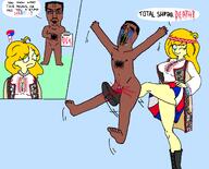 black_skin bleeding_wound blod blonde_hair_ blue_background blue_eyes chud crying ongezellig penis politics trad_wife white_skin winking // 1967x1591 // 228.5KB