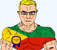 arm award blue_eyes buff christianity closed_mouth clothes eastern_orthodox flag flag:russia flag:zabaykalsky_krai glasses hair krai orthodox_cross russia soyjak subvariant:chudjak_front subvariant:muscular_chud text transparent transparent_background tshirt uranium variant:chudjak vein yellow_hair zabaykalsky_krai // 1059x929 // 62.5KB