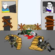 3soyjaks blood camouflage closed_mouth clothes computer country crying drawn_background flag glasses hair open_mouth purple_hair reddit russia russo_ukrainian_war smile smug soldier soyjak stubble tongue tranny ukraine variant:bernd variant:chudjak variant:gapejak variant:wojak war weapon wojak yellow_teeth z_(russian_symbol) // 1600x1600 // 600.8KB