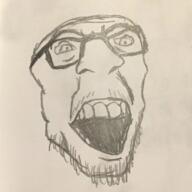 drawing glasses irl open_mouth paper soyjak stubble variant:feraljak // 1080x1080 // 1008.2KB