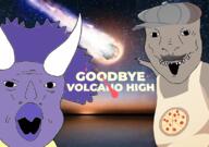 anthro brown_skin clothes dinosaur fangs furry goodbye_volcano_high hair hat horn meteor nose open_mouth pizza purple_skin snoot_game teeth variant:two_pointing_soyjaks // 1122x789 // 652.5KB