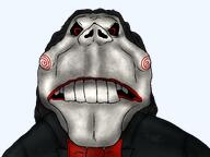 bowtie buck_teeth chin clothes eyebrows frown full_head hair horror jigsaw_(saw) lipstick long_hair looking_at_you makeup meta:barely_a_soyjak mouth mouth_open no_ears no_stubble nose pointy_nose pupils red_eyes shadow suit suit_and_bowtie teeth teeth_showing variant:scoutrooster wrinkles // 1886x1416 // 1.5MB