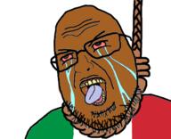 bloodshot_eyes brown_skin crying hanging italy open_mouth rope shitskin soyjak stubble subhuman tongue variant:shotjak yellow_teeth // 417x339 // 68.6KB