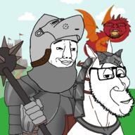 3soyjaks animal armor bascinet closed_mouth dragon glasses horse horseback_riding knight medieval open_mouth smile smug soyjak stubble subvariant:smug_horse variant:bernd variant:chudjak variant:smugjak // 554x554 // 244.8KB