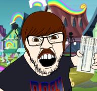 99 barneyfag berry_punch bon_bon brown_hair brown_mustache clothes doom drawn_background glasses hair holding_object lee_goldson lyra_heartstrings mustache my_little_pony open_mouth palindrome_get sassaflash soyjak stubble sunshower_raindrops variant:feraljak white_skin // 680x638 // 423.5KB