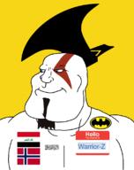 Warrior-Z(user) afghanistan arabic_text aryan axe batman batman_(series) beard blue_eyes buff closed_mouth county flag flag:iraq flag:norway flag:taliban flag:telemark goatee god_of_war hair hello_my_name_is_(sticker) iraq kratos norway shahada smile soyjak subvariant:mexiaryan taliban telemark text variant:meximutt video_game // 886x1120 // 86.6KB