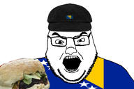 angry bosnia cap clothes crazy_hamburger fat fattv flag:bosnia glasses hamburger hat open_mouth soyjak stubble variant:burgerjak // 1200x800 // 302.4KB