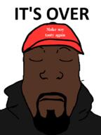 beard black_skin cap closed_eyes closed_mouth clothes coca_cola frown hat hoodie its_over kanye_west maga soy soyjak subvariant:neutralplier text variant:markiplier_soyjak // 600x800 // 58.2KB