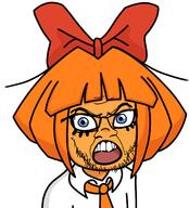 acne angry bowtie cartoon dutch eyelashes female glasses hair hair_ribbon mymy_(ongezellig) ongezellig open_mouth orange_hair orange_skin soyjak stubble variant:feraljak // 1362x1507 // 443.2KB