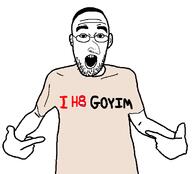 arm clothes ear glasses goy hand hat i_hate jewish_nose jews judaism kippah open_mouth pointing soyjak stubble text tshirt variant:shirtjak // 618x559 // 14.3KB