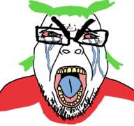 4chan angry anime clothes crying glasses green_hair hair red_eyes stubble subvariant:seethejak teeth tongue variant:bernd yotsoyba // 565x533 // 162.3KB