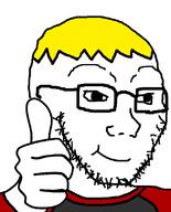 badge closed_mouth clothes glasses hair hand nate smile soot_colors soyjak soyjak_party stubble text thumbs_up tshirt variant:soyak yellow_hair // 644x800 // 34.3KB